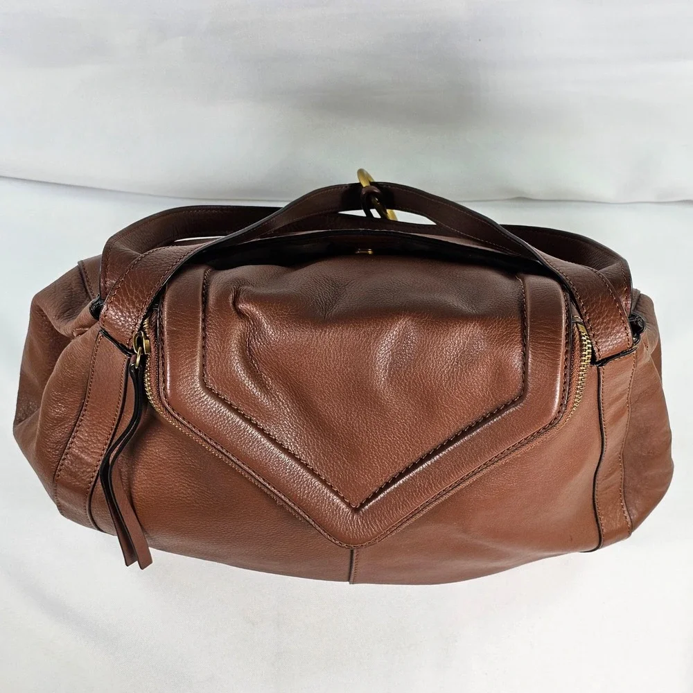 Vince Camuto Lenka Cognac Brown Pebbled‎ Leather V-Flap Shoulder Bag Hobo Purse